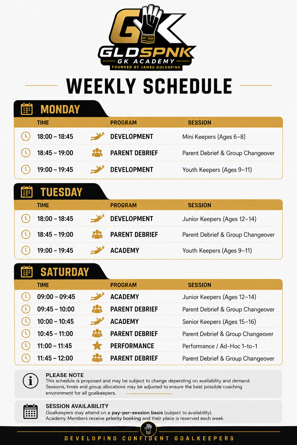 GLDSPNK GK Academy Weekly Schedule